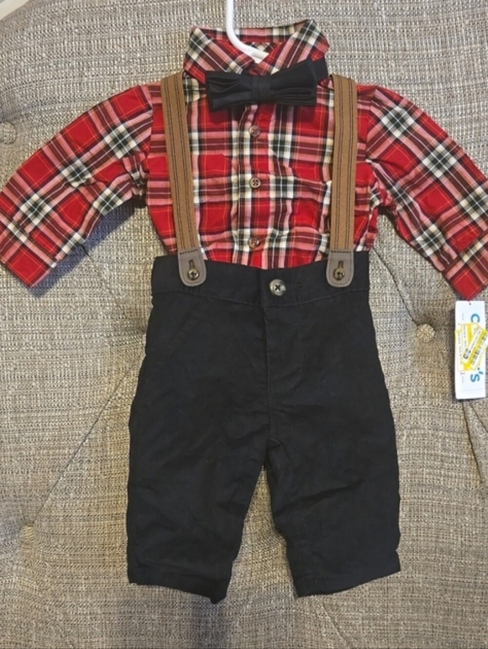 3 Month Baby Boys Red Plaid Shirt with Black Suspender Pants & Bow Tie